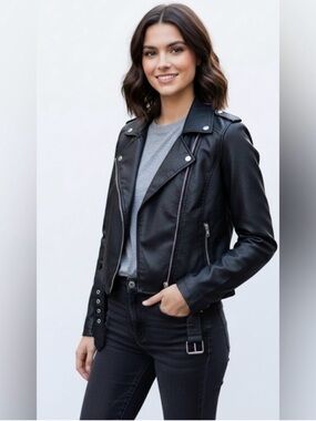 Ashley Outerwear Black Faux Leather Moto Jacket Cropped Belted Edgy Biker Chic